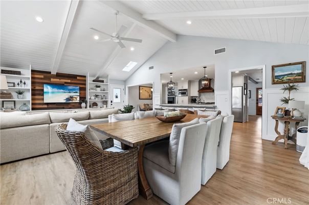 Dining room, Interior, Kitchen, Living room, Pendant Lights, Recessed Lighting, Stainless Steel Appliances, Wood Texture Flooring