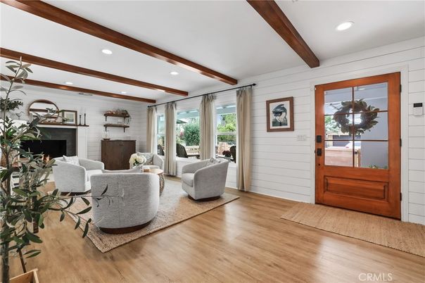 Fireplace, Interior, Living room, Recessed Lighting, Stone Walls, Wooden Beams, Wood Texture Flooring