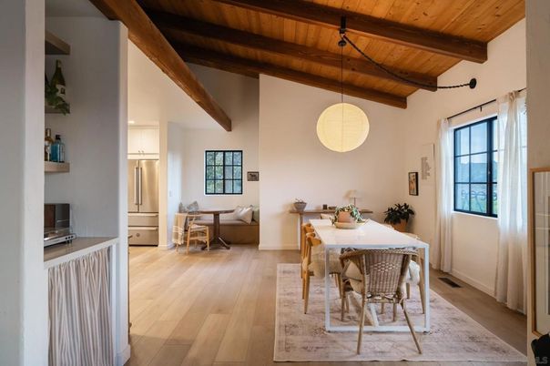 Dining room, Interior, Living room, Pendant Lights, Wooden Beams, Wooden Ceilings, Wood Texture Flooring