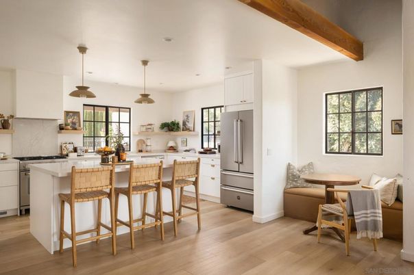 Interior, Kitchen, Pendant Lights, Recessed Lighting, Wooden Beams, Wood Texture Flooring