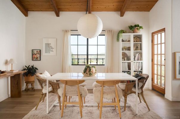 Dining room, Interior, Pendant Lights, Wooden Beams, Wooden Ceilings, Wood Texture Flooring