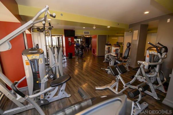 Fitness Equipment, Gym, Interior, Recessed Lighting, Wood Texture Flooring