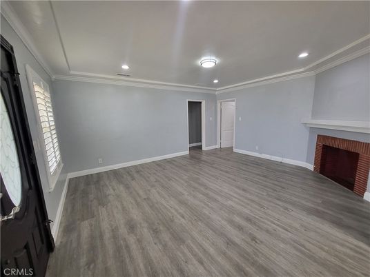 Empty room, Fireplace, Interior, Recessed Lighting, Wood Texture Flooring