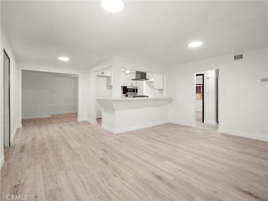 Empty room, Interior, Kitchen, Recessed Lighting, Wood Texture Flooring