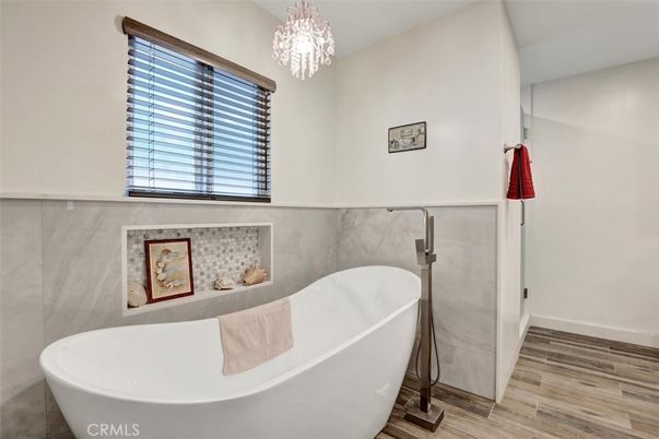 Bathroom, Chandelier, Free Standing Baths, Interior, Wood Texture Flooring