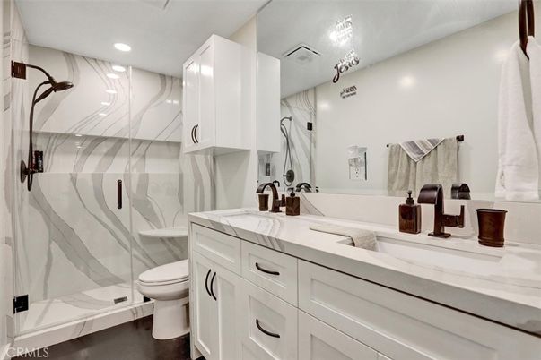 Bathroom, Dual Sink Vanities, Glass Shower, Interior, Recessed Lighting