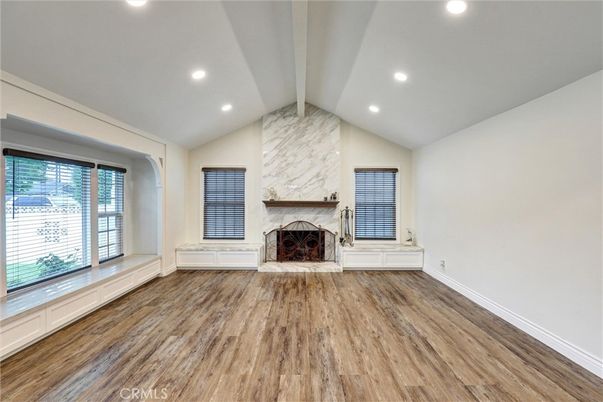 Empty room, Fireplace, Interior, Recessed Lighting, Wood Texture Flooring