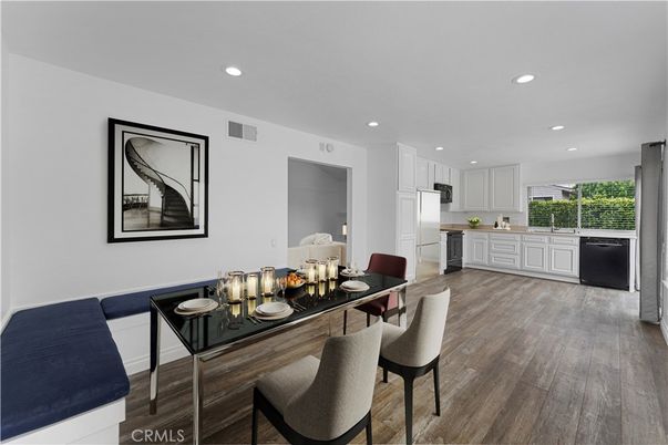 Dining room, Interior, Kitchen, Recessed Lighting, Wood Texture Flooring