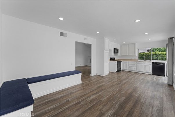 Empty room, Interior, Kitchen, Recessed Lighting, Wood Texture Flooring