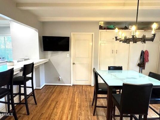 Dining room, Interior, Pendant Lights, Wood Texture Flooring