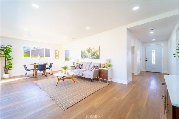 Dining room, Interior, Living room, Recessed Lighting, Wood Texture Flooring