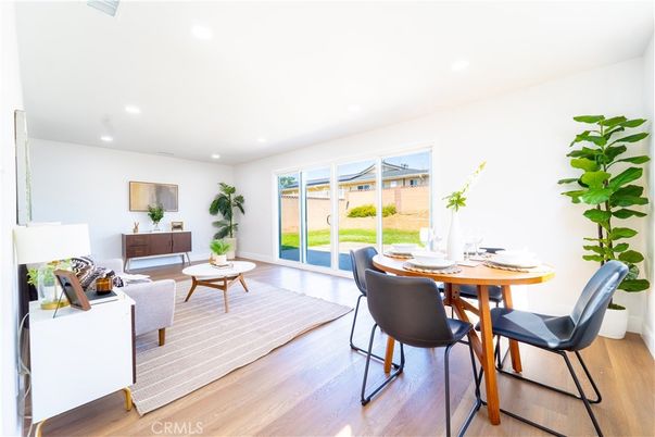 Dining room, Interior, Living room, Recessed Lighting, Wood Texture Flooring