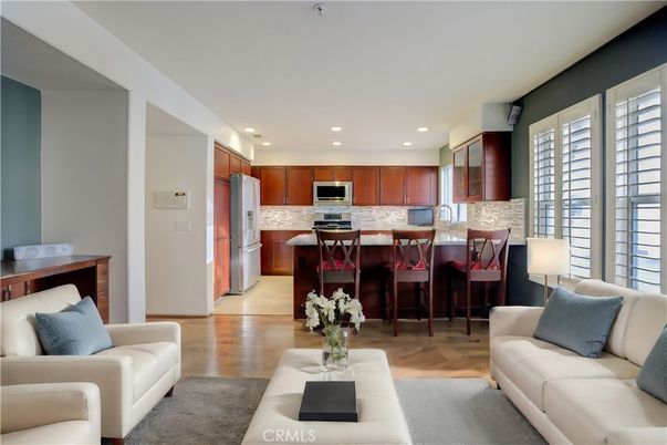 Interior, Kitchen, Living room, Recessed Lighting, Stainless Steel Appliances, Wood Texture Flooring