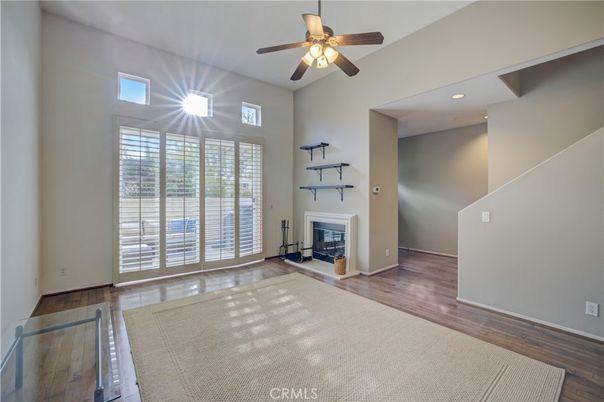 Empty room, Fireplace, Interior, Recessed Lighting, Wood Texture Flooring