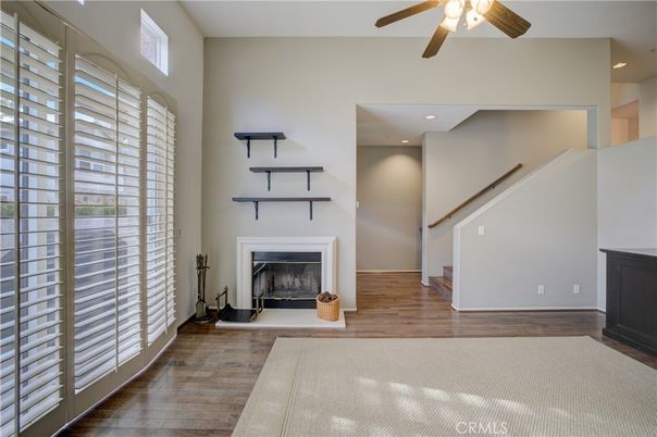 Fireplace, Interior, Recessed Lighting, Wood Texture Flooring