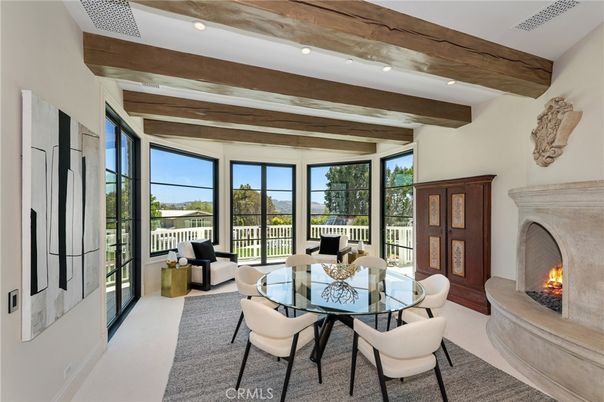 Dining room, Fireplace, Interior, Recessed Lighting, Wooden Beams