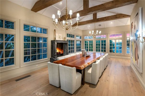 Chandelier, Dining room, Fireplace, Interior, Recessed Lighting, Wooden Beams, Wood Texture Flooring