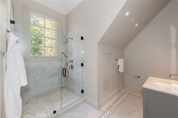 Bathroom, Glass Shower, Interior, Marble, Marble Walls, Recessed Lighting