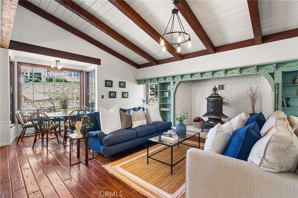 Dining room, Fireplace, Interior, Living room, Pendant Lights, Stone Walls, Wooden Beams, Wood Texture Flooring