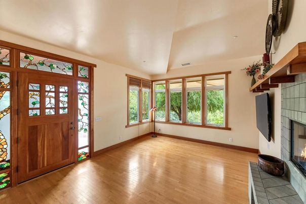 Empty room, Fireplace, Interior, Recessed Lighting, Wood Texture Flooring