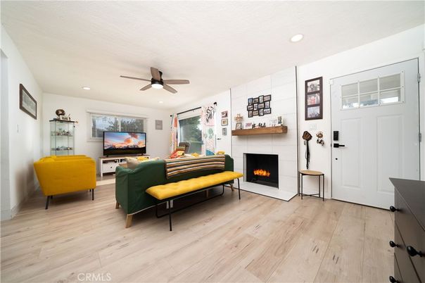 Fireplace, Interior, Living room, Recessed Lighting, Wood Texture Flooring