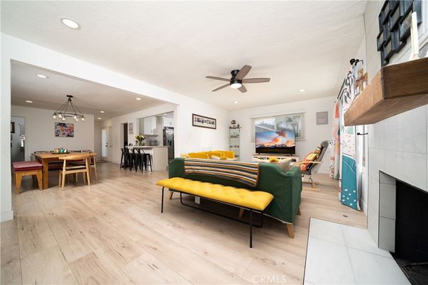 Dining room, Fireplace, Interior, Kitchen, Living room, Pendant Lights, Recessed Lighting, Wood Texture Flooring