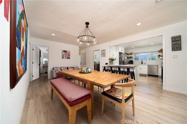 Dining room, Interior, Kitchen, Pendant Lights, Recessed Lighting, Stainless Steel Appliances, Wood Texture Flooring