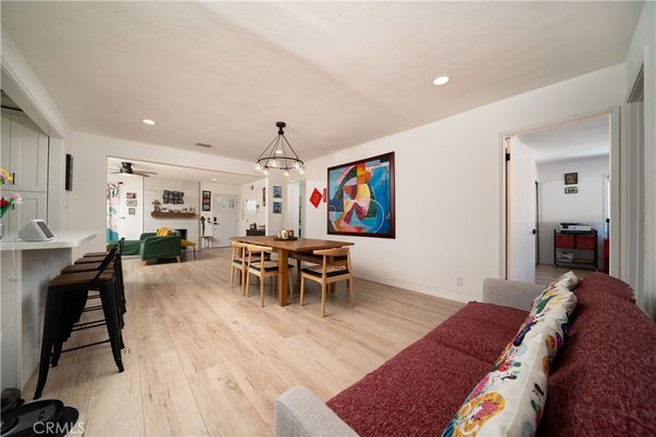 Dining room, Interior, Pendant Lights, Recessed Lighting, Wood Texture Flooring