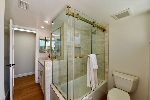 Bathroom, Glass Shower, Interior, Recessed Lighting, Wood Texture Flooring