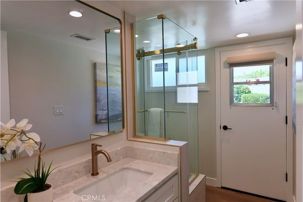 Bathroom, Glass Shower, Interior, Recessed Lighting, Wood Texture Flooring