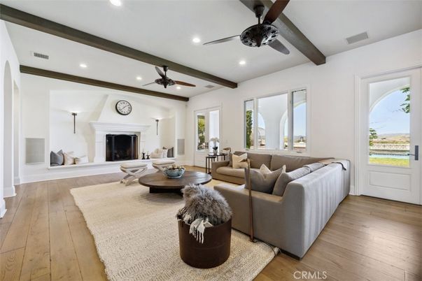 Fireplace, Interior, Living room, Recessed Lighting, Wooden Beams, Wood Texture Flooring
