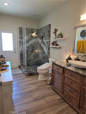 Bathroom, Glass Shower, Interior, Recessed Lighting, Wood Texture Flooring