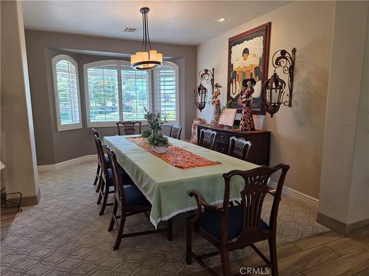 Dining room, Interior, Pendant Lights, Recessed Lighting, Wood Texture Flooring