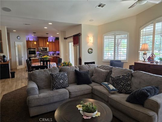 Dining room, Interior, Kitchen, Living room, Recessed Lighting, Stainless Steel Appliances, Wood Texture Flooring