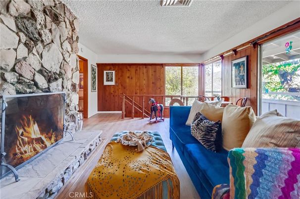 Fireplace, Interior, Living room, Stone Walls, Wood Texture Flooring