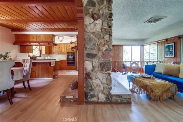 Chandelier, Dining room, Interior, Kitchen, Living room, Stone Walls, Wooden Ceilings, Wood Texture Flooring