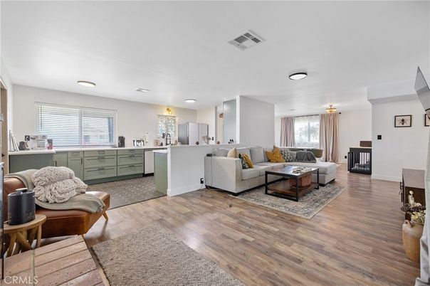 Fireplace, Interior, Kitchen, Living room, Recessed Lighting, Wood Texture Flooring