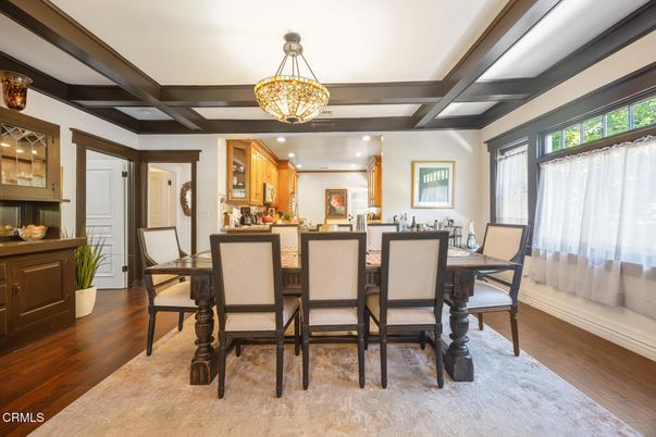 Dining room, Interior, Pendant Lights, Recessed Lighting, Wood Texture Flooring