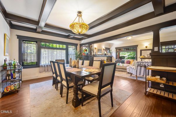 Dining room, Fireplace, Interior, Living room, Pendant Lights, Wood Texture Flooring