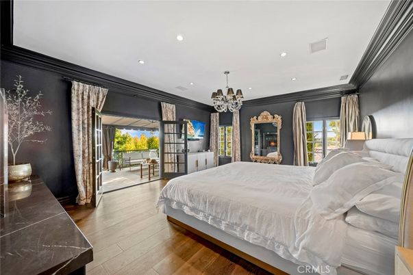Bedroom, Chandelier, Interior, Recessed Lighting, Wood Texture Flooring