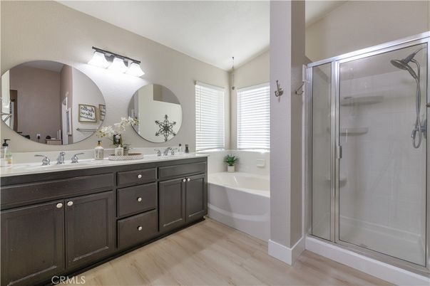 Bathroom, Dual Sink Vanities, Glass Shower, Interior, Wood Texture Flooring