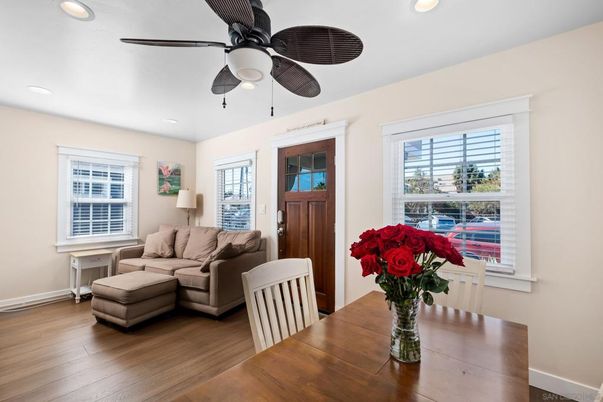 Dining room, Interior, Living room, Recessed Lighting, Wood Texture Flooring