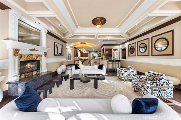 Dining room, Fireplace, Interior, Living room, Recessed Lighting, Wood Texture Flooring