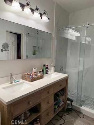 Bathroom, Dual Sink Vanities, Glass Shower, Interior, Marble Walls