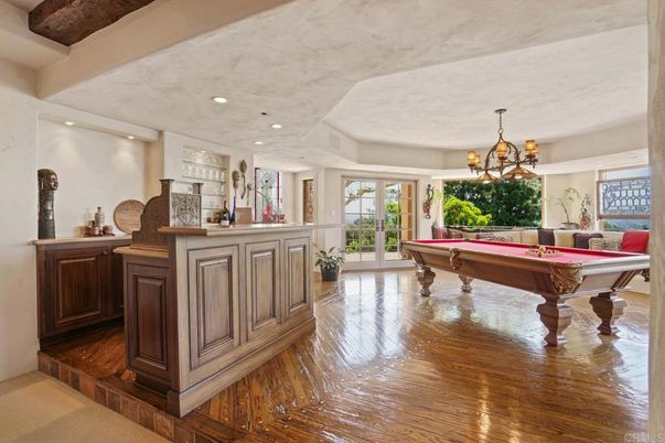 Billiard Table, Chandelier, Game Room, Interior, Recessed Lighting, Wood Texture Flooring