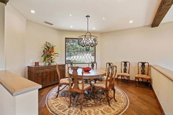 Dining room, Interior, Pendant Lights, Recessed Lighting, Wood Texture Flooring