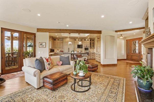 Fireplace, Interior, Kitchen, Living room, Pendant Lights, Recessed Lighting, Stainless Steel Appliances, Wood Texture Flooring