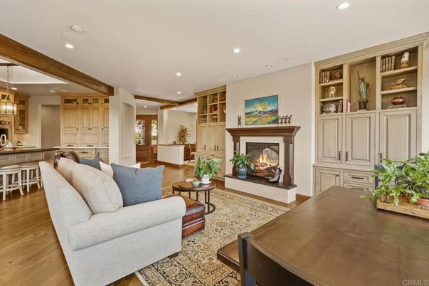 Dining room, Fireplace, Interior, Living room, Pendant Lights, Recessed Lighting, Wooden Beams, Wood Texture Flooring