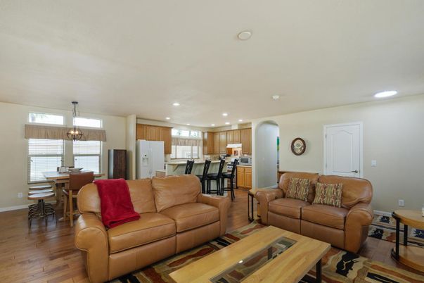 Chandelier, Dining room, Interior, Kitchen, Living room, Recessed Lighting, Wood Texture Flooring