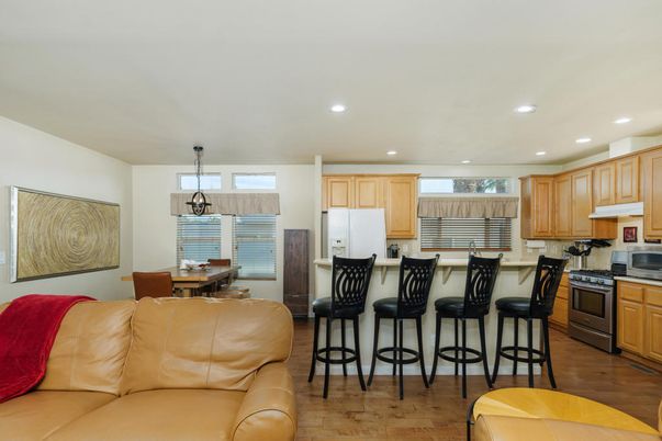 Dining room, Interior, Kitchen, Living room, Pendant Lights, Recessed Lighting, Wood Texture Flooring